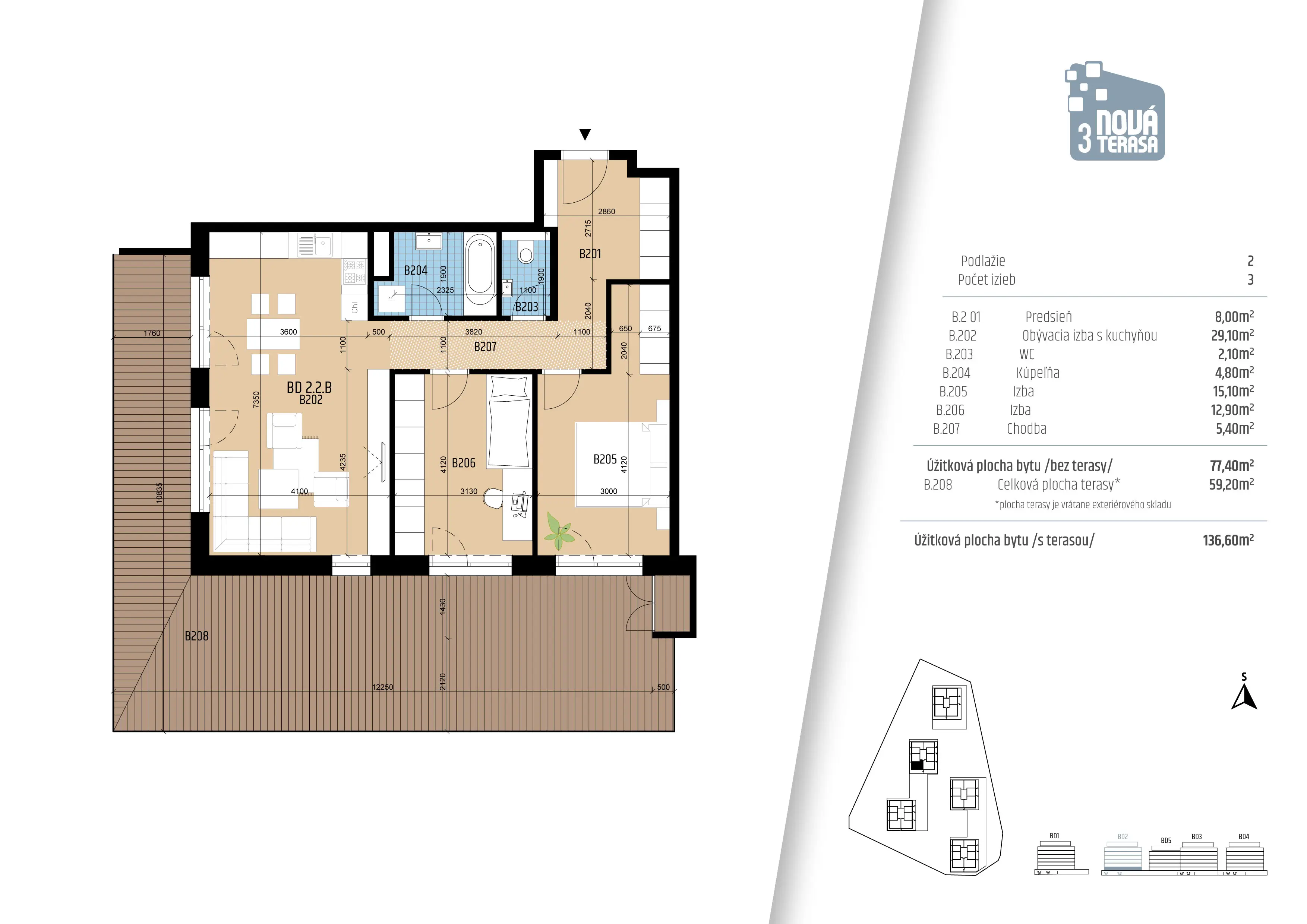 PREDANÉ, Nová terasa III., 3 izbový byt, 77,4 m2+59,2 m2